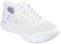Witte Skechers GO WALK FLEX sneaker, 3/4 aanzicht, met ademende mesh, veters en golfpatroon op de hiel.
