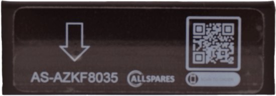 Zwart rechthoekig label met witte tekst 'AS-AZKF8035 ALLSPARES' en QR-code.