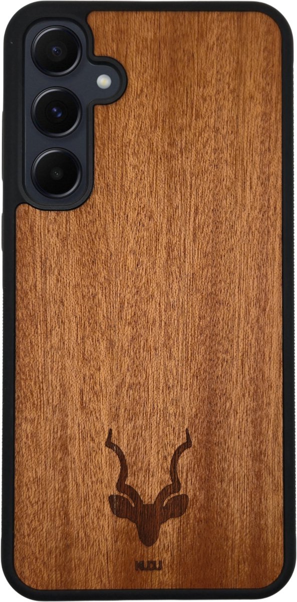 Kudu Samsung Galaxy A05s hoesje case - Houten backcover - Handgemaakt en afgewerkt met duurzaam TPU - Mahonie - Zwart