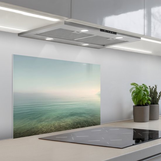 Spatscherm 70x55 cm - Zelfklevende achterwand Zee - Horizon - Blauw - Mist - Keuken muurbeschermer - Spatwand fornuis