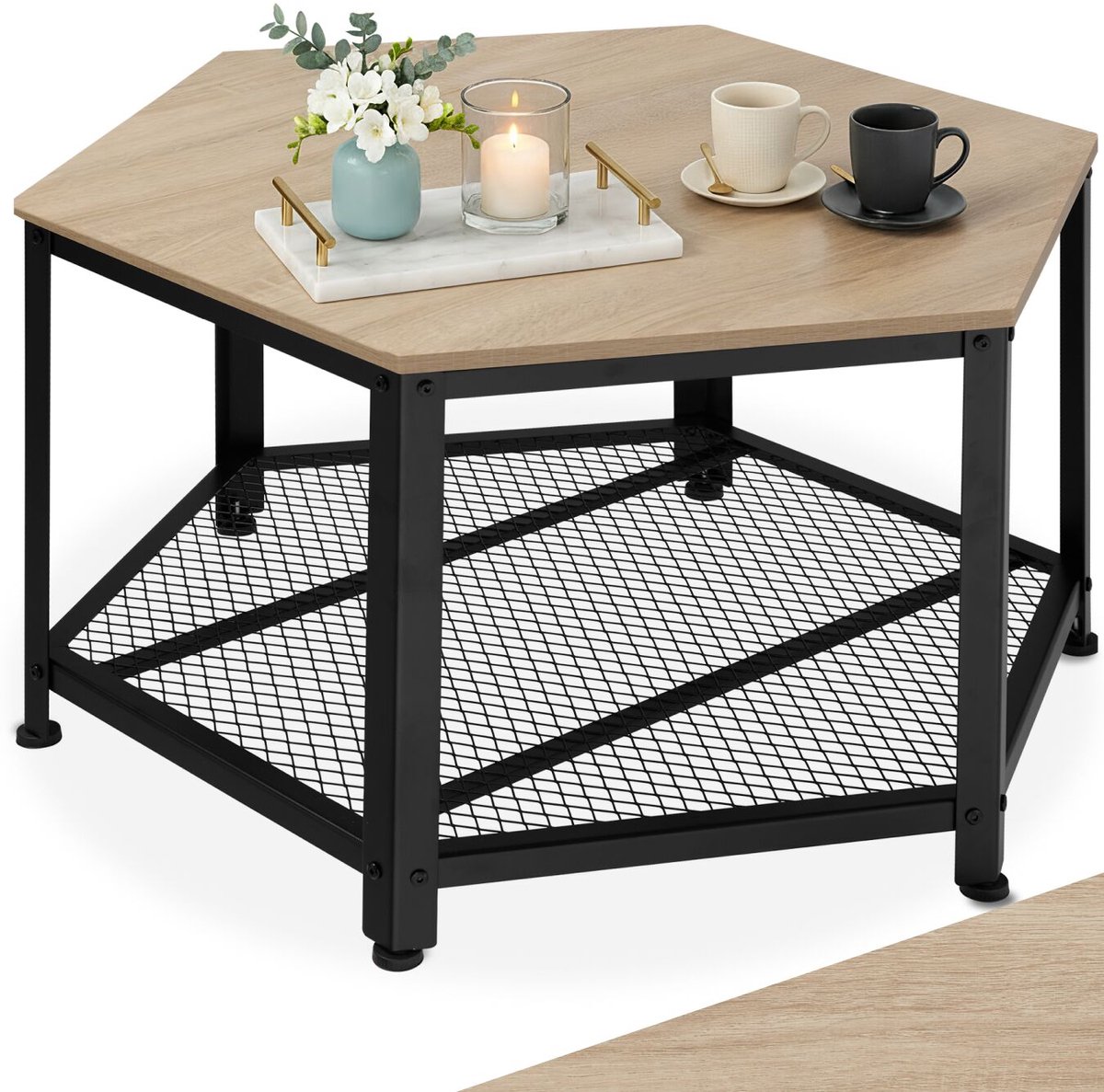 tectake® Salontafel met roosterplank - 6-hoekige tafel - Woonkamertafel met opbergruimte - Industrieel design - Zwart metalen frame - Afmeting (LxBxH) 86,5 x 75 x 46,5 cm - Lichtbruin