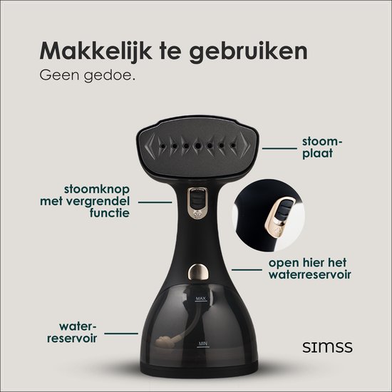 Simss® - Kledingstomer - Krachtige Handstomer voor Kleding en Meubilair - Stoomapparaat met 3 Opzetborstels - Snelle opwarmtijd - Inclusief Warmtebestendige Handschoen - 1500W - 300ml - Steamer - Elegant design - Mat - Zwart