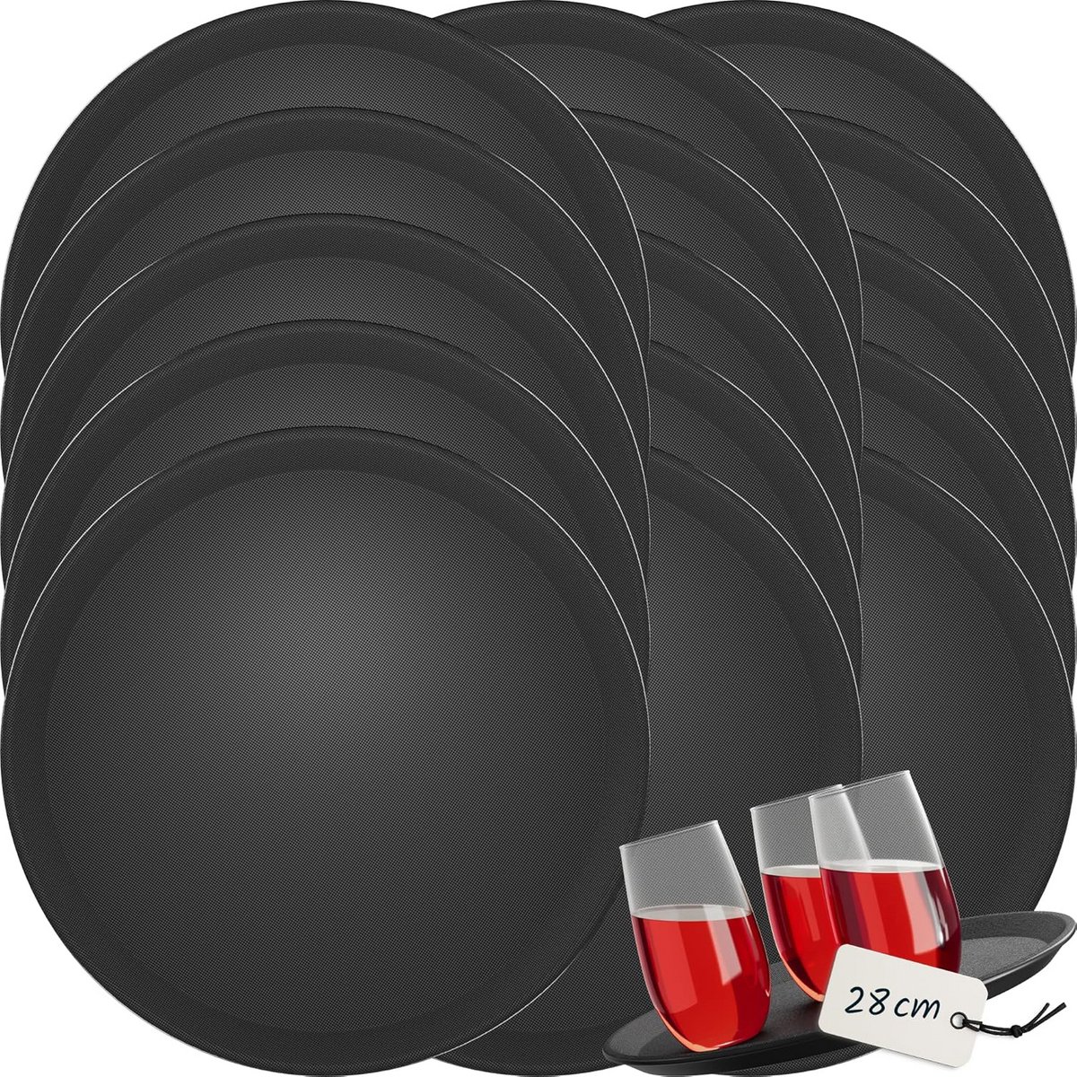 Set van 15 Antislip Serveerschalen Rond Ø 28 cm Zwart - Professioneel Gebruik en Thuis