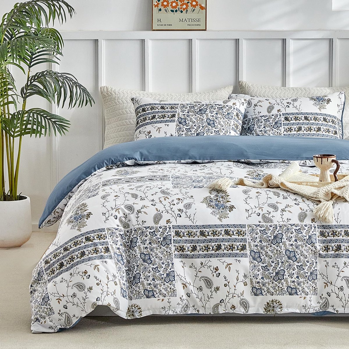 Unyqoos Luxe driedelig beddengoedset met bloemenpatroon voor tweepersoonsbed blauw