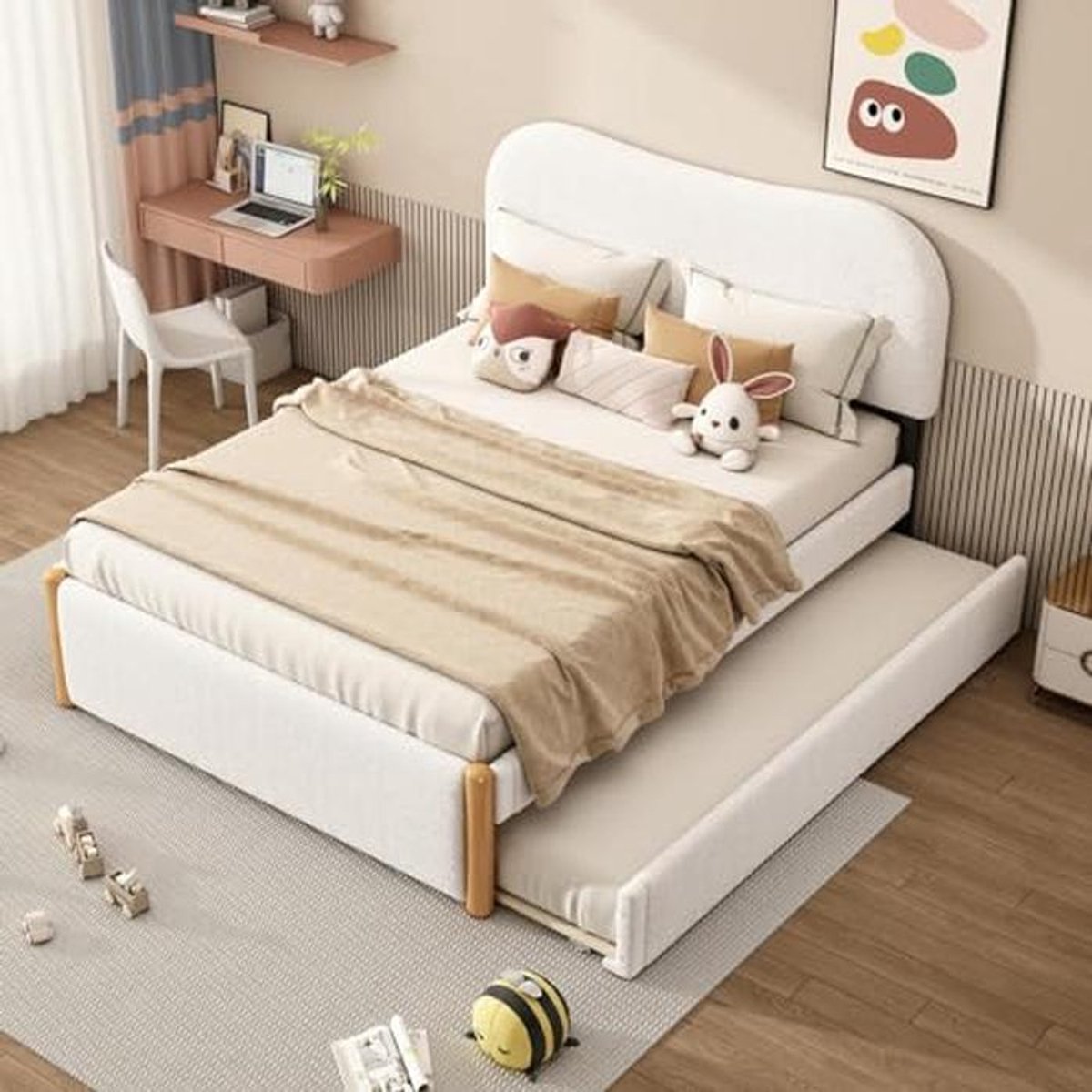 Gestoffeerd bed 140 x 200 cm met uitschuifbed voor kinderen en volwassenen