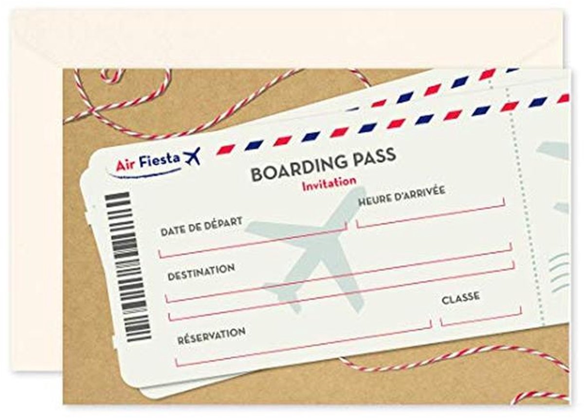 Originele Vliegticket Uitnodigingskaarten voor Volwassen Verjaardagen - Set van 16 Met Ivoorkleurige Enveloppen
