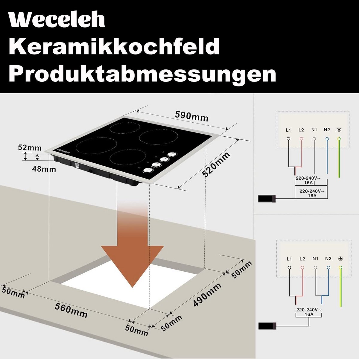 Inbouw Keramische Kookplaat 60 cm Zwart Glas 4 Zones 6000W