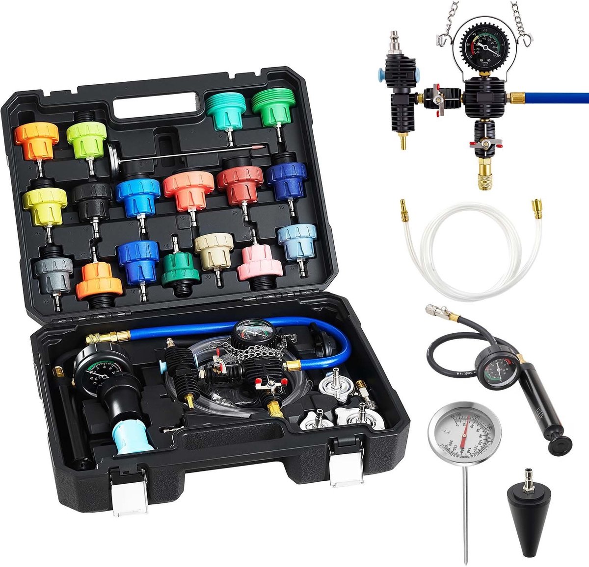 Koelvloeistof Druktester - Koelsysteem Testset 47-delig - Universeel Voor Autokoelsystemen - Inclusief Vulapparaat - 3 Metalen Adapters - Met Handdrukpomp en Kunststof Vuller