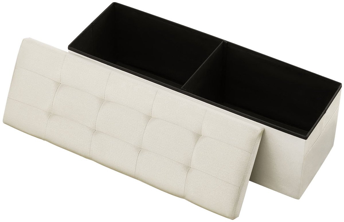 Opbergpoef - Opvouwbare rechthoekige voetenbank - Met zijvakken - Gevoerde zitting - Draagkracht 299,37 kg - 11 x 38 x 38 cm - Beige