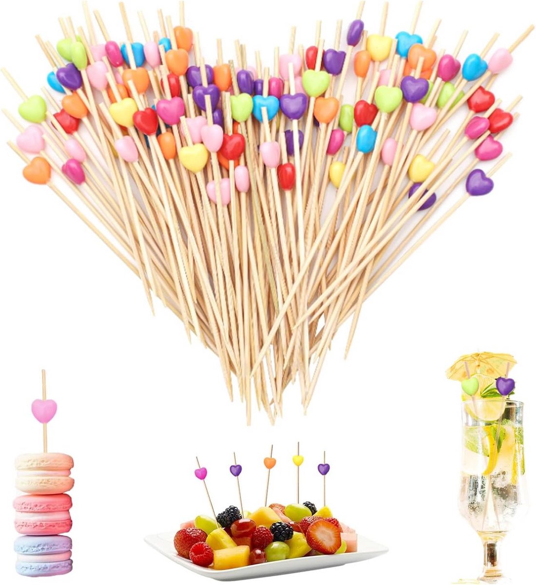 200 Houten Cocktail Prikkers 12cm - Feestversiering Hartjes voor Snacks, Fruit en Taart