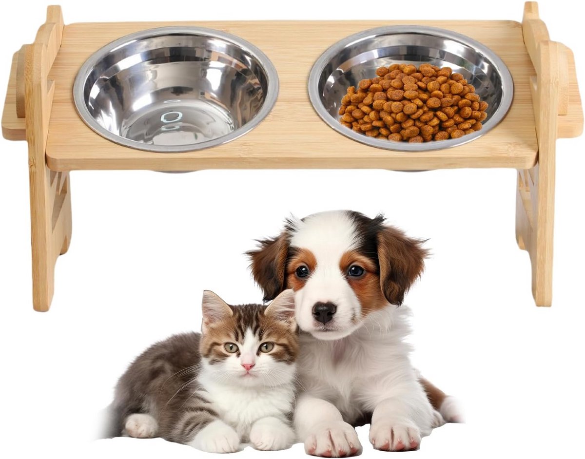 Verhoogd Voerstation Kat & Kleine Hond met 2 RVS Voerbakken
