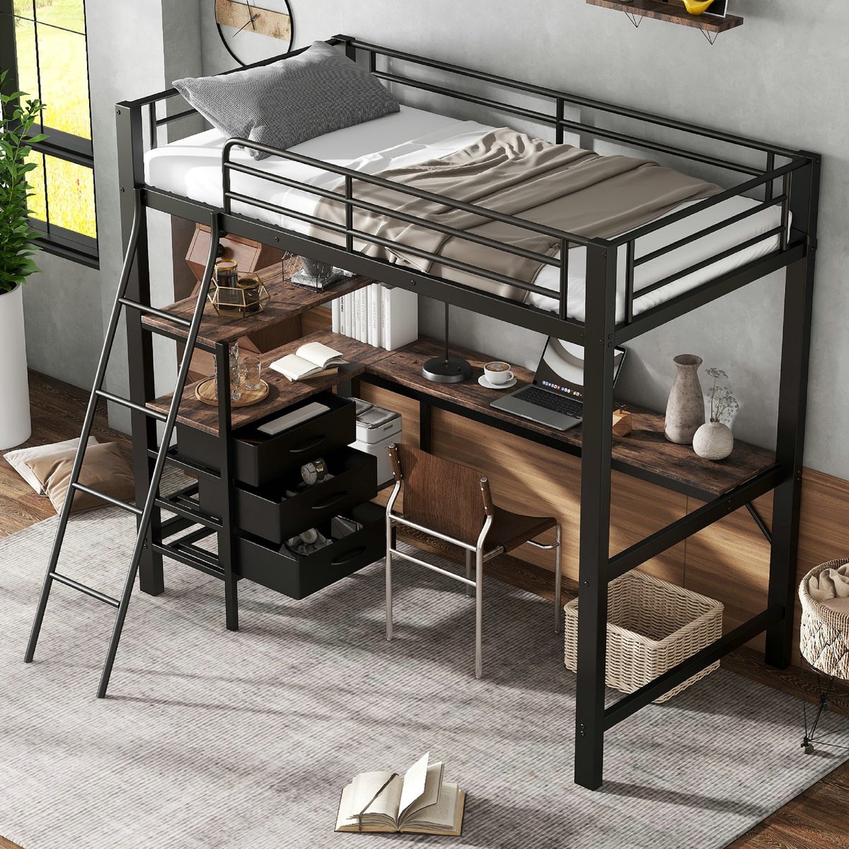 VVBV Hoogslaper - drie lades - tafel 2 m lang - oprijplaat met vier treden - zwart - 90x200 cm - zonder matras
