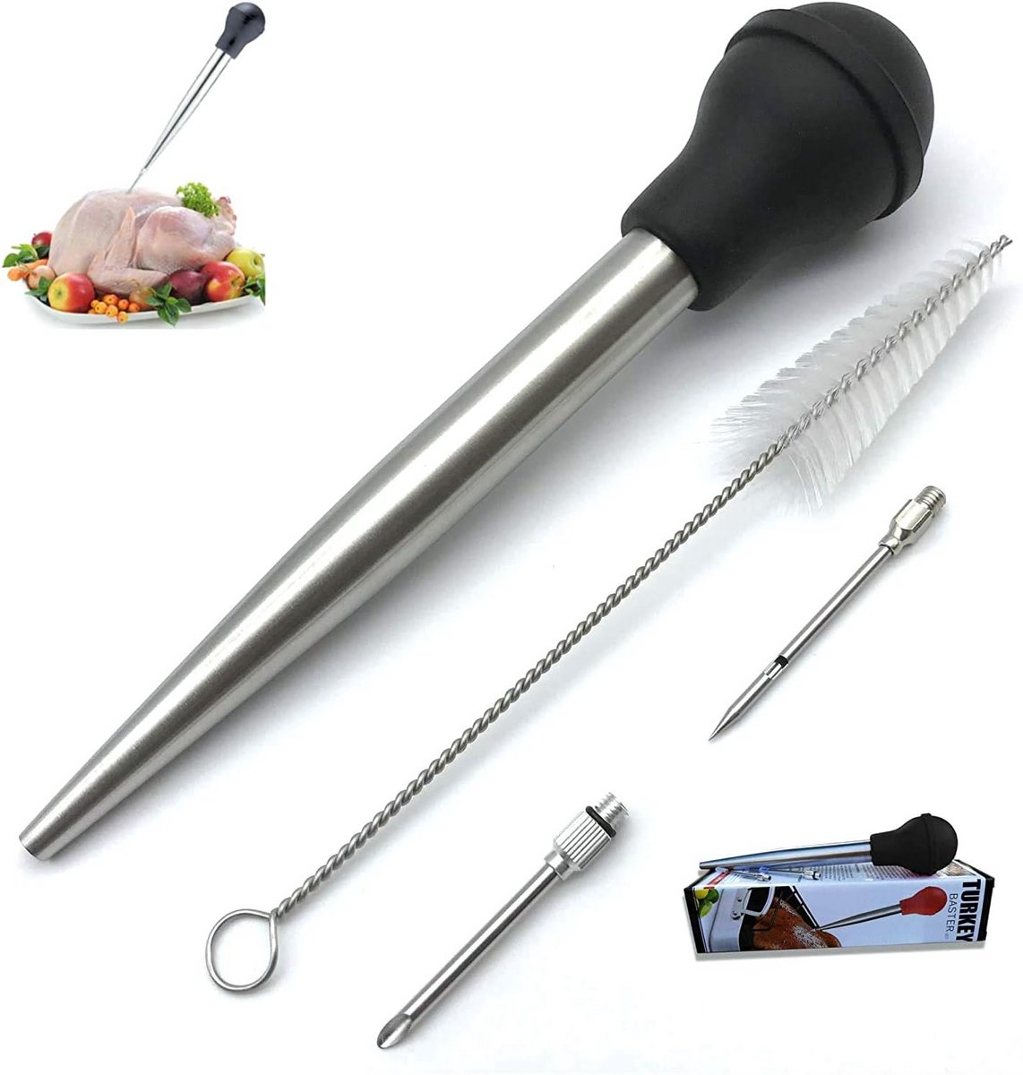 Kookspuit RVS met Injector en Borstel voor Marinades en Jus