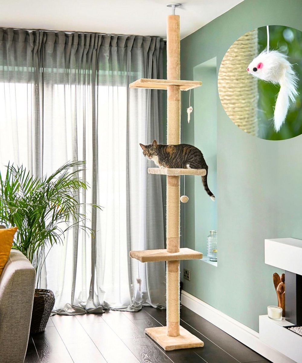 Krabpaal Vloer tot Plafond 240-288cm Beige Grote Platforms-Krabpaal-Kattenboom-Krabpaal-Kattenbomen-Vloer tot Plafond