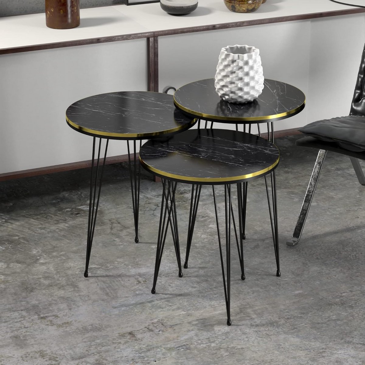 Set van 3 Ronde Bijzettafels Marmer Zwart en Goudkleurig - Stapelbaar Woonkamer