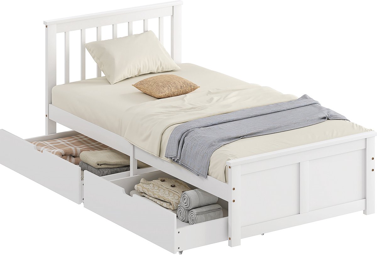 Homcom Bed Frame-Grenenhout, MDF-207L x 98B x 82H cm-Wit