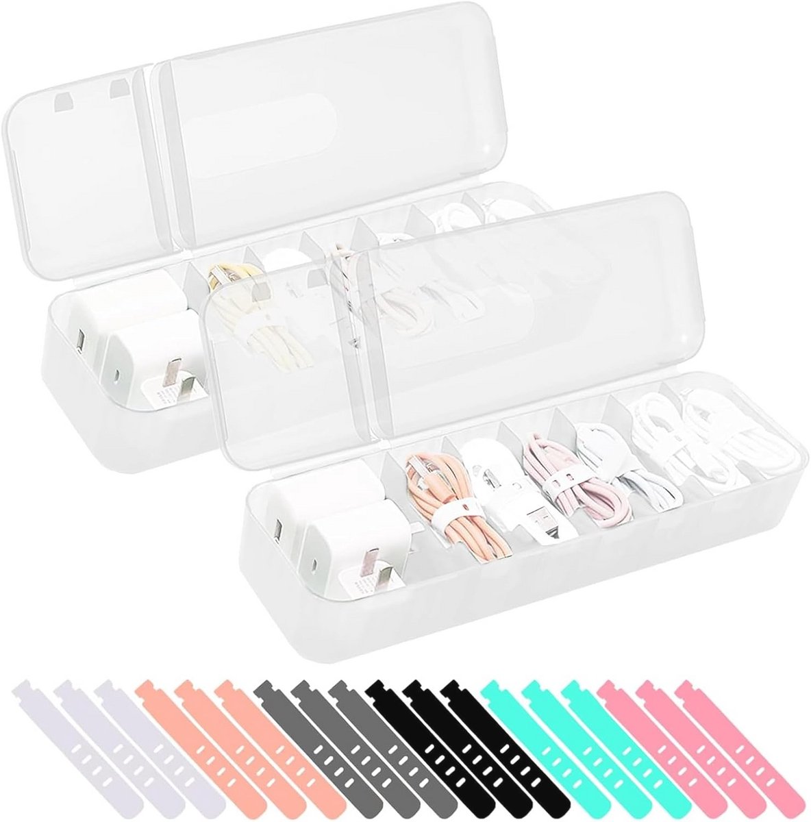 Kabelorganizer voor Bureau - 2 Stuks Kabelopbergdoos met 7 Vakken en 18 Kabelbinders