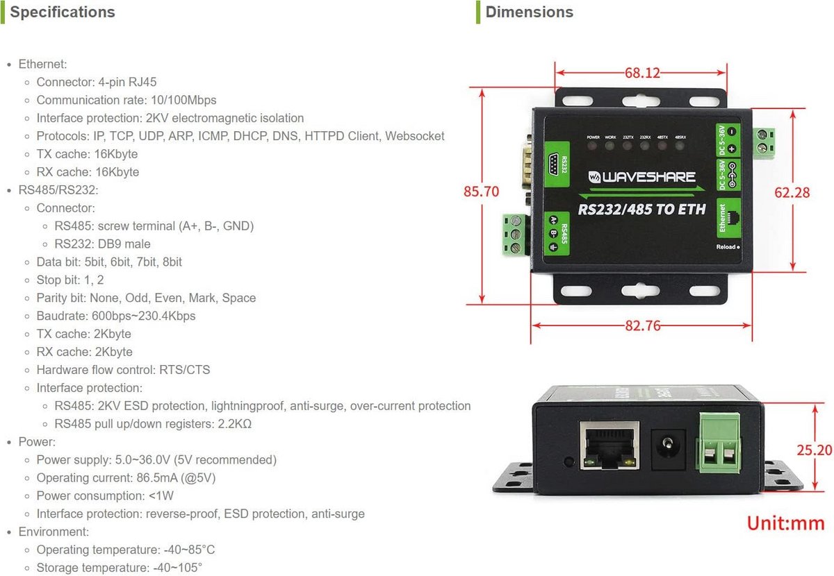Industrieel RS232/RS485 naar Ethernet Converter met Dubbele Seriële Poorten - TCP/UDP Client en Server