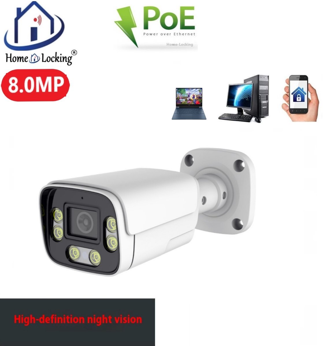 Home-Locking IP-camera PoE met bewegingsdetectie + microfoon Full Color Night Vision 8.0MP. C-1275