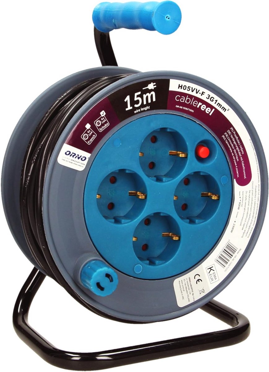 Mini Kabelhaspel 15m met 4 Stopcontacten en Thermische Beveiliging