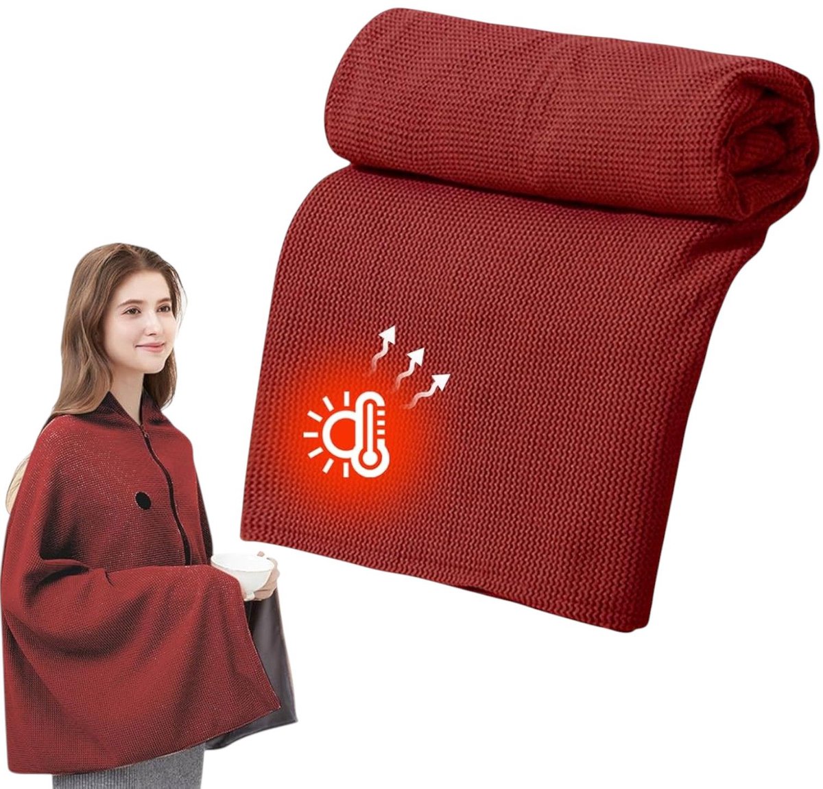 Elektrische deken - Oplaadbare elektrische deken - Verwarmde deken - USB-aangedreven winterdeken - Zachte verwarmde sjaal met snoer - Geschikt voor kantoorgebruik - Bordeauxrood 150x80cm