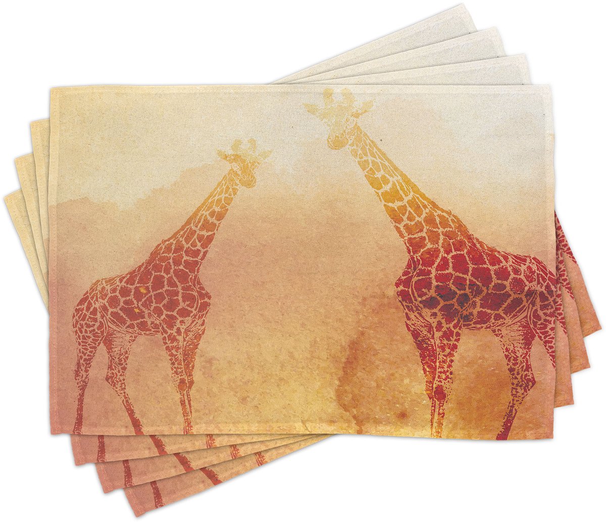 ABAKUHAUS Safari placematten – Tropische illustraties: Afrikaanse giraf, het zoogdier met de langste nek, in retro-vintage druk; wasbare stoffen onderzetters, tafeldecoratie, oranje