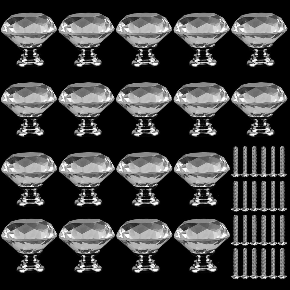 Set van 18 Crystal Deurgrepen - 30mm Ladehandgrepen - Diamant Deurklinken - Helder Glazen Ladeknoppen met Schroef voor Huis - Keuken - Kantoor - Lade Decoratie