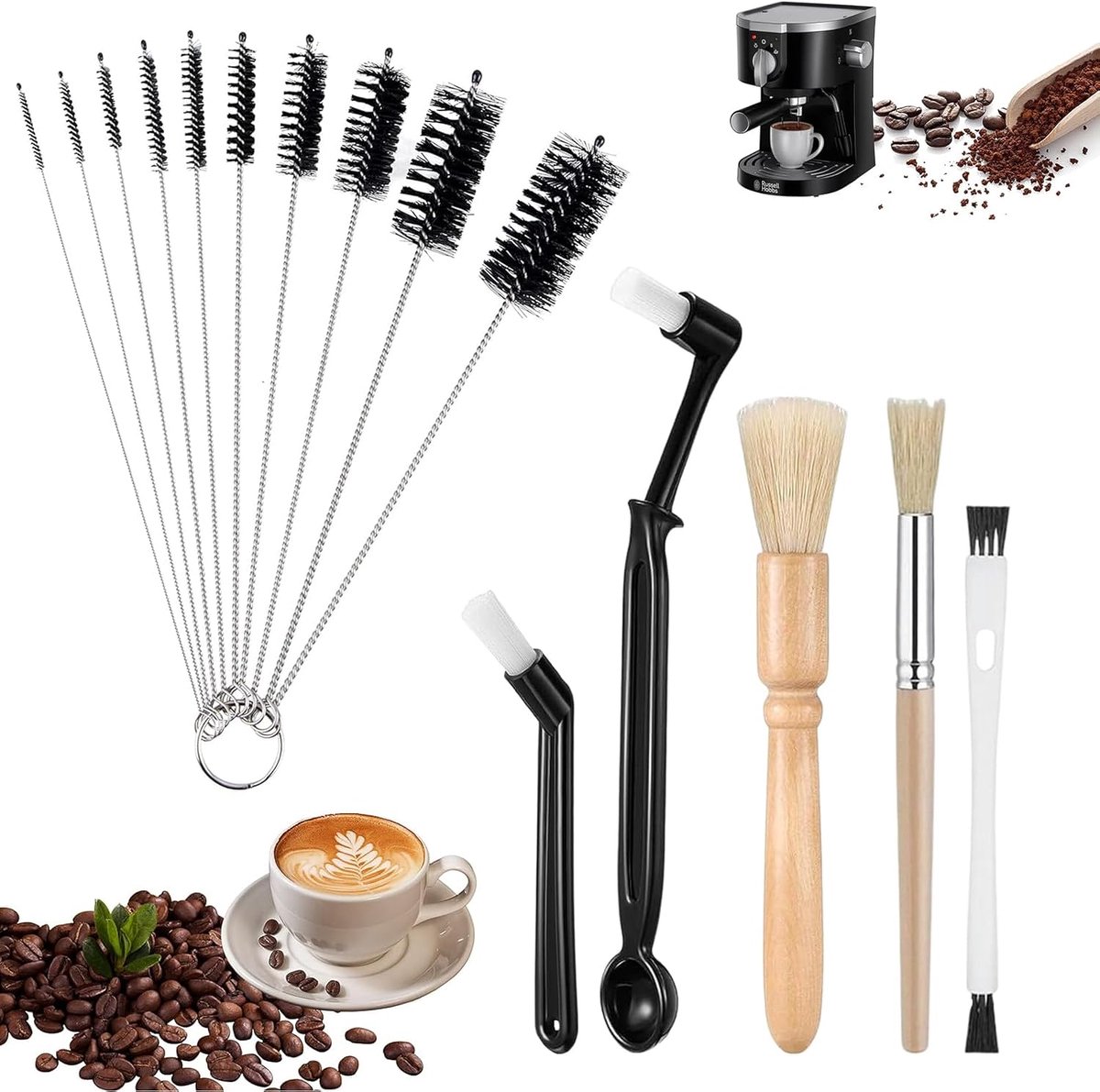 16 Pieces Barista Pinsel Set - Kaffee Pinsel - Barista Zubehör Set - Siebträger Zubehör - Espressomaschine - Kaffee Werkzeug - Reinigungstools