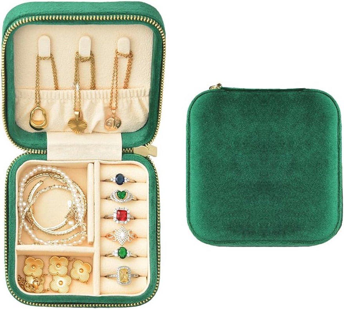 Reisjuwelendoos voor Sieraden in Fluweel - Draagbare Organisator voor Ringen, Oorbellen, Kettingen, Armbanden (Donker Smaragd)