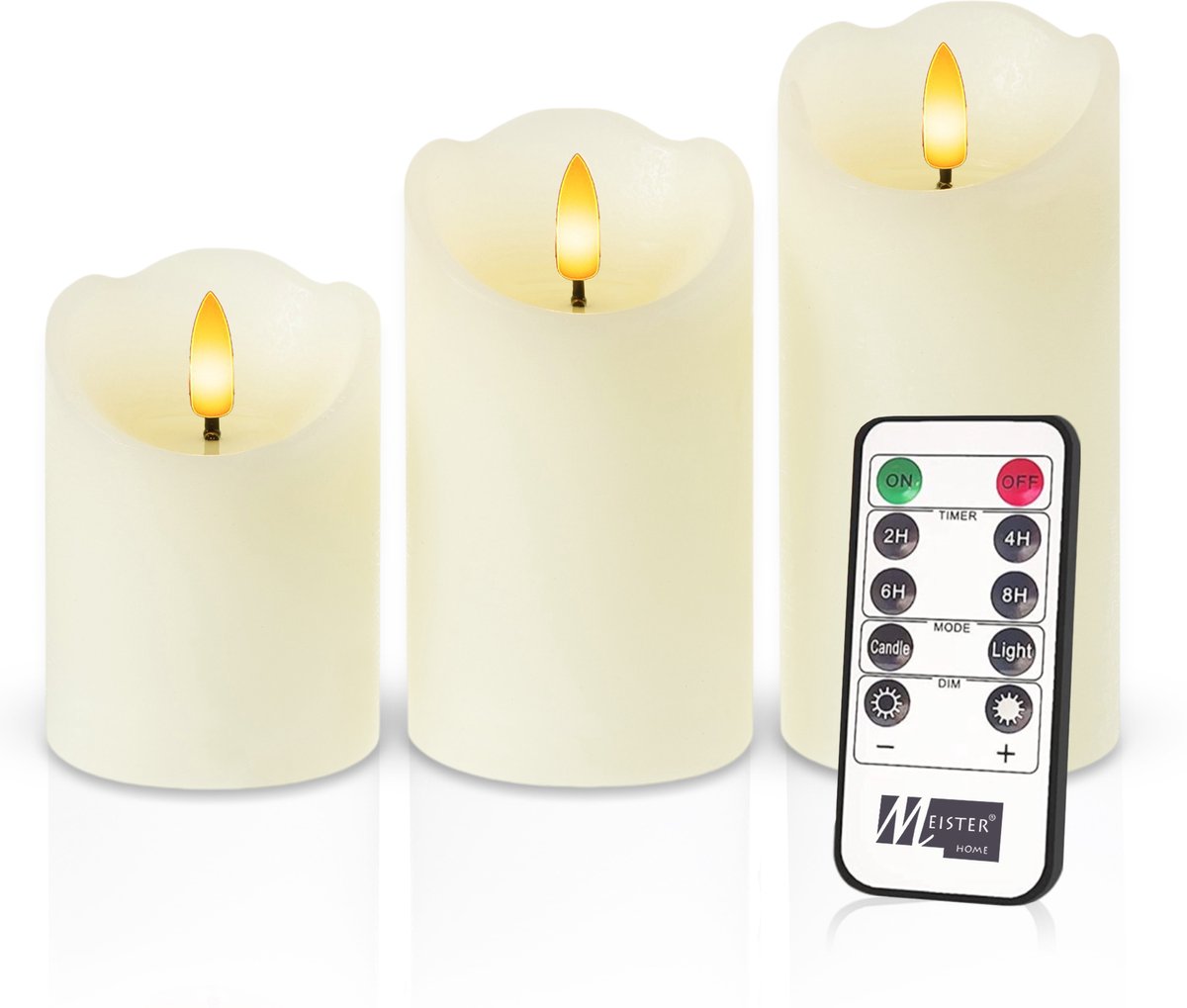 Meisterhome – 3 x Led Stompkaars Rustiek - Ivoor – Stompkaars Echte wax – Led kaarsen - 10 / 12.5 / 15 cm Hoog - Met afstandsbediening – Timer 2/4/6/8 uur - Dimbaar