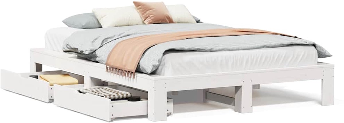Tweepersoonsbed | Dubbelbed | Volwassenenbed | Bedframe zonder matras massief grenenhout wit 140x190 cm