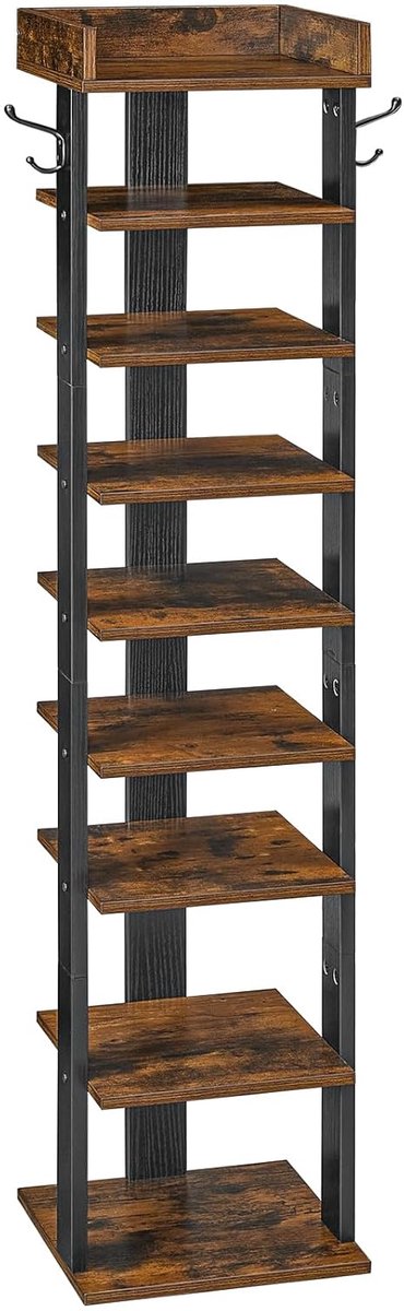 TRANKIELO® - Smal schoenenrek - 9-laags organiser - Houten opslag met haken - Ruimtebesparend design voor ingang