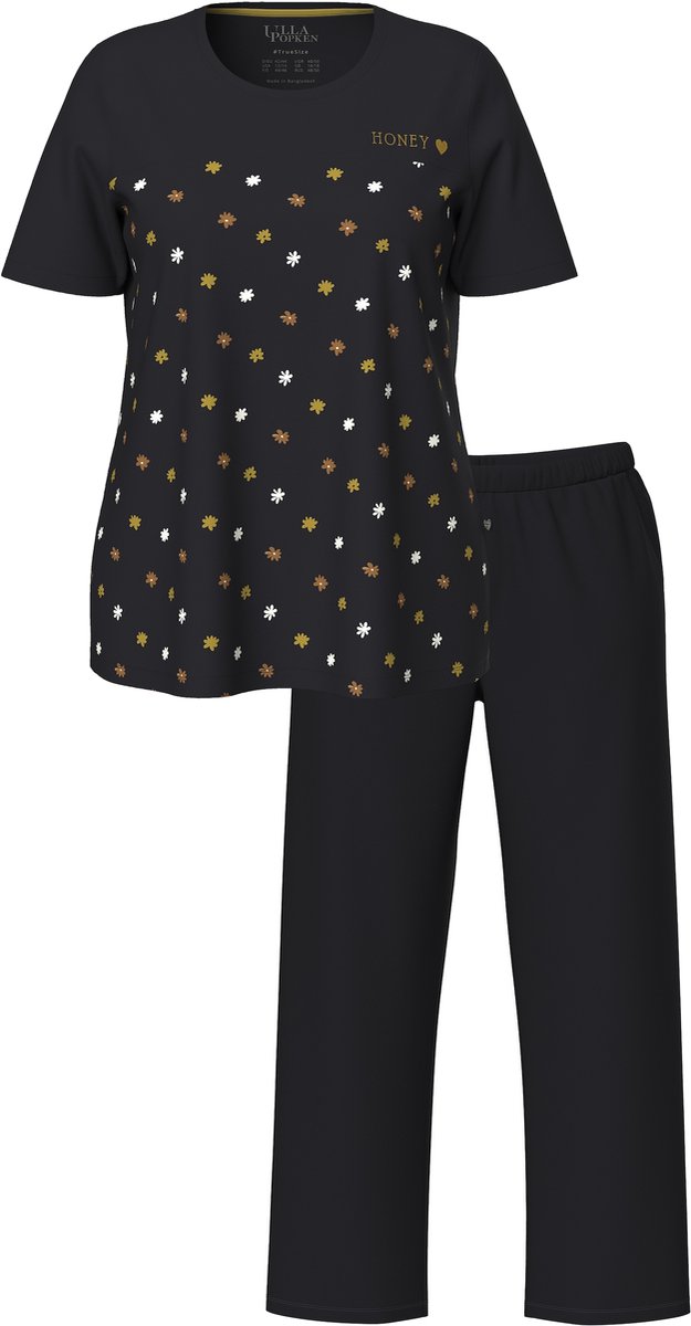 Ulla Popken Dames - Pyjama bloemen borduursel ronde hals korte mouw - Zwart - Maat 42+