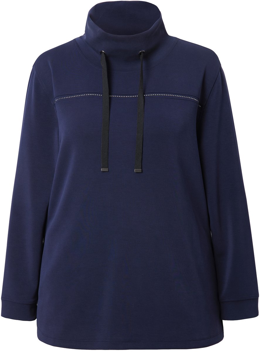 Ulla Popken - Dames - Sweatshirt siersteentjes classic opstaande kraag 3/4-mouw - Marine - Maat 42+