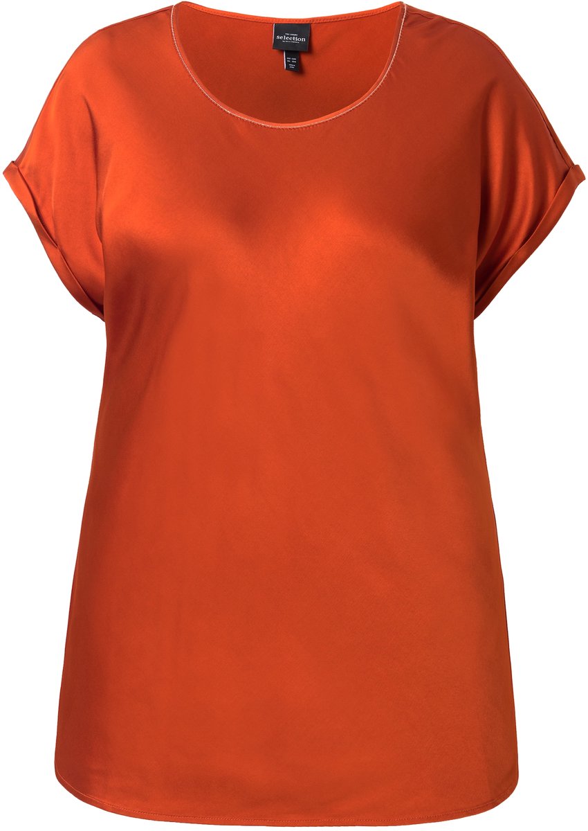 Ulla Popken - Dames - Satijnen overhemdblouse classic ronde hals met glitternaad - Terracotta - Maat 58+