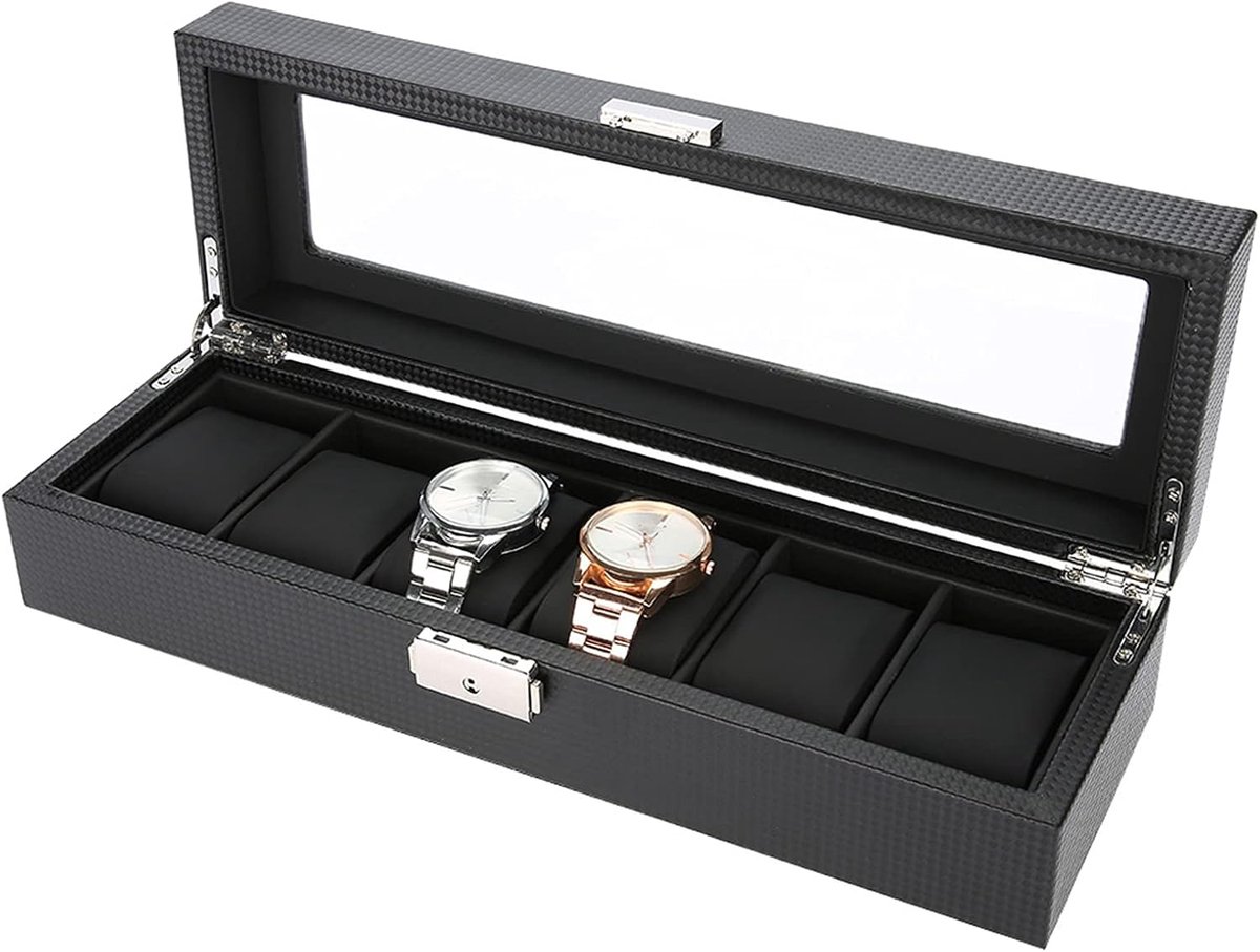 Houten horloge display case - sieraden box - horloge houder - 6 grid - PU carbon fiber - leren horloge opslagbox - cadeau voor horloge display en opslag