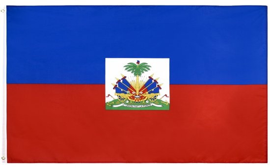 Drapeau d'Haïti, divisé horizontalement en bleu et rouge, avec les armoiries d'Haïti au centre.