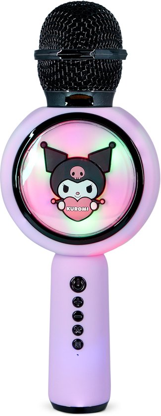 Paarse draadloze karaokemicrofoon met zwart microfoongedeelte, rond lichtgevend display met Kuromi-afbeelding en bedieningsknoppen.