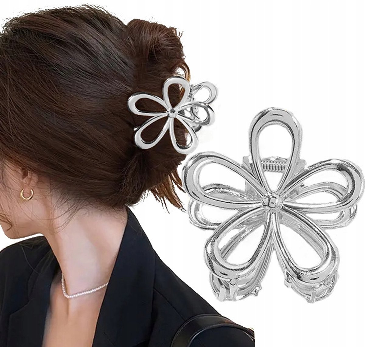 Grote Zilverkleurige Metalen Haarclip Bloem Boho Stijl