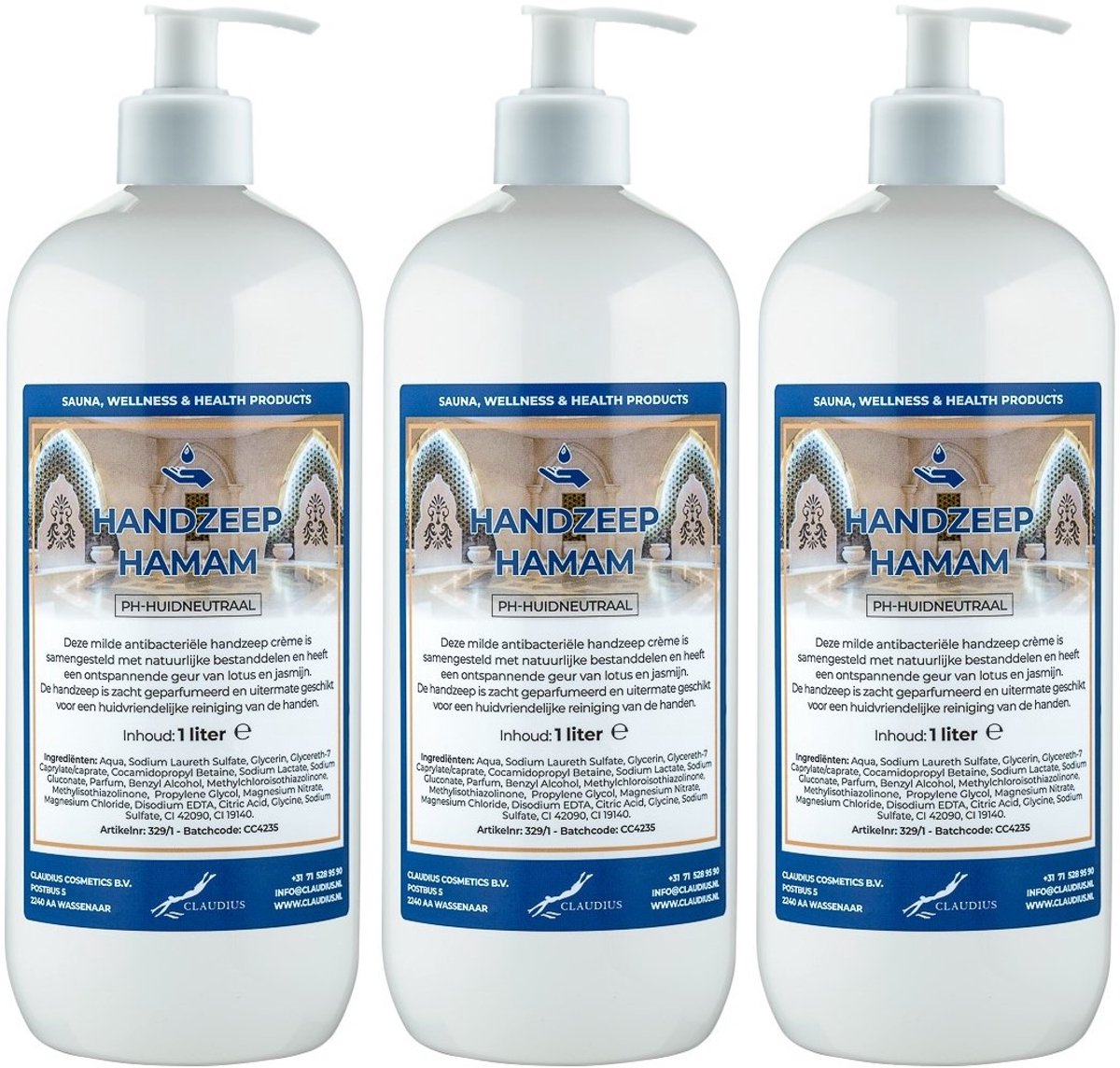 Handzeep Hamam 1 liter - set van 3 stuks - met gratis pomp - Voordeelverpakking