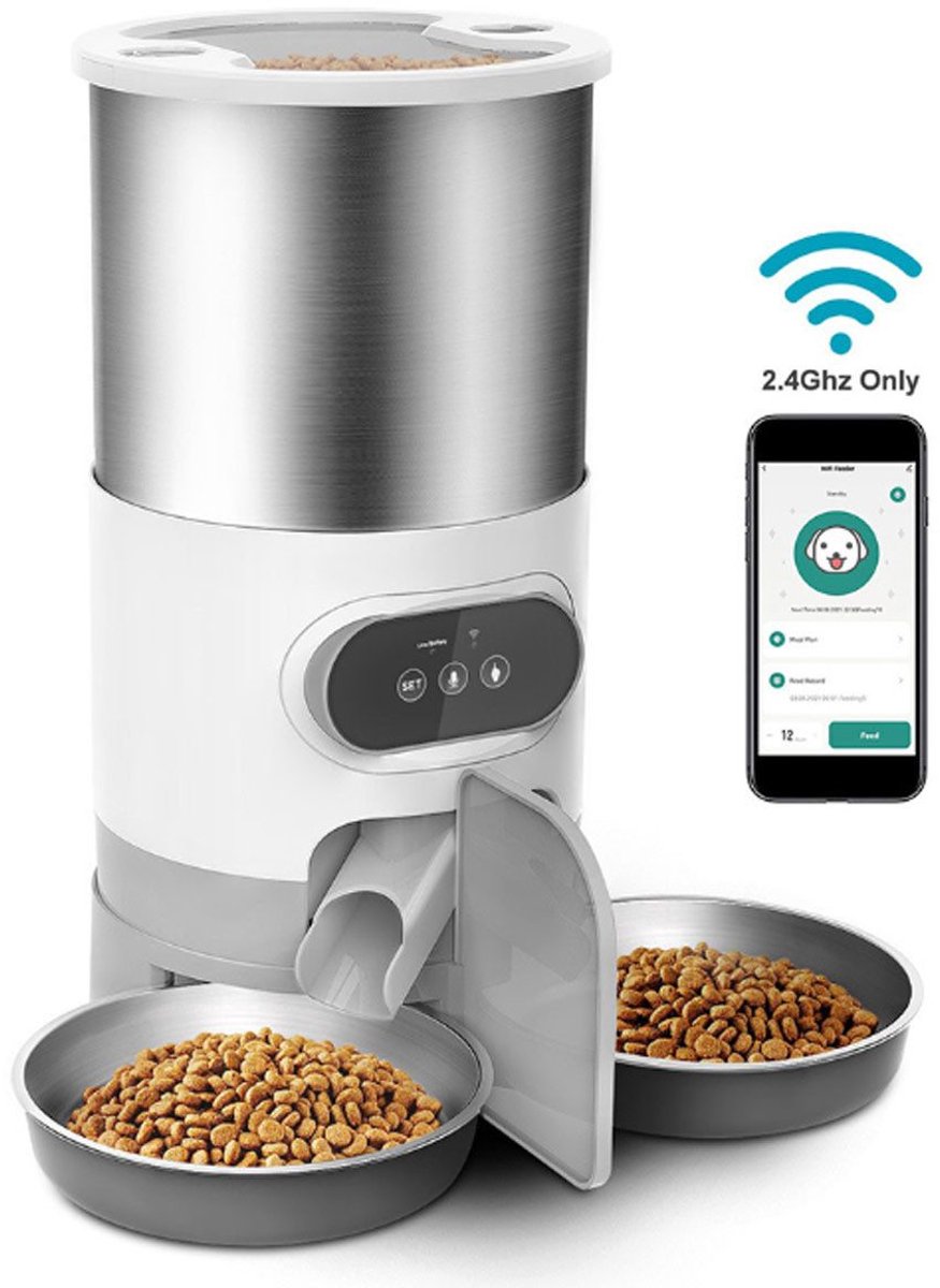 Automatische Voerautomaat Kat en Hond 4.5L met WiFi & App, Dubbele Voerbak, Timer & Opnamefunctie, Roestvrijstalen Voerdispenser voor Droogvoer - ANMI - Automatische - €59,99