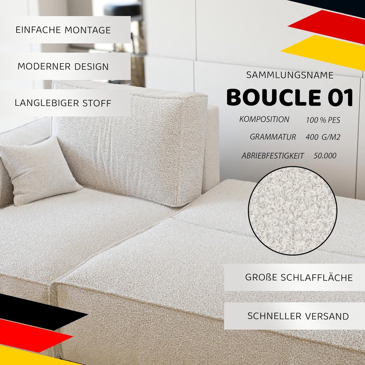 Luxe Hoekbank met Slaapfunctie en Opbergruimte – 244 x 145 cm – Bouclé 3-Zits Slaapbank met Bedlade en Omkeerbare Ottomaan – Comfortabele Moderne Sofa – Beige