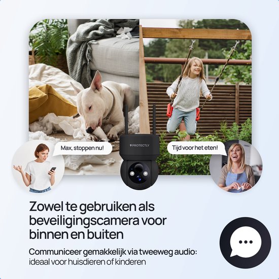 Zwarte Protectly beveiligingscamera, geschikt voor binnen en buiten, met tweeweg audio voor communicatie.