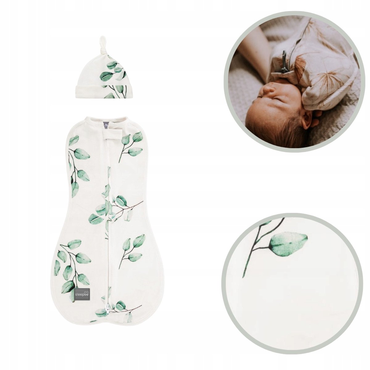 Baby slaapzak cocon met mutsje, 3-6,5kg, Eucalyptuszicht