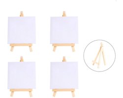 4-stuks canvassen en ezels - Canvas - Ezel - Klein schilderdoek - Mini-ezel - Kinderschilderij - Display-ezel - Schilderset - Geschikt voor het tentoonstellen van kunstwerken, artistieke creaties, acrylverf, olieverf, aquarelverf - Houtkleur, wit