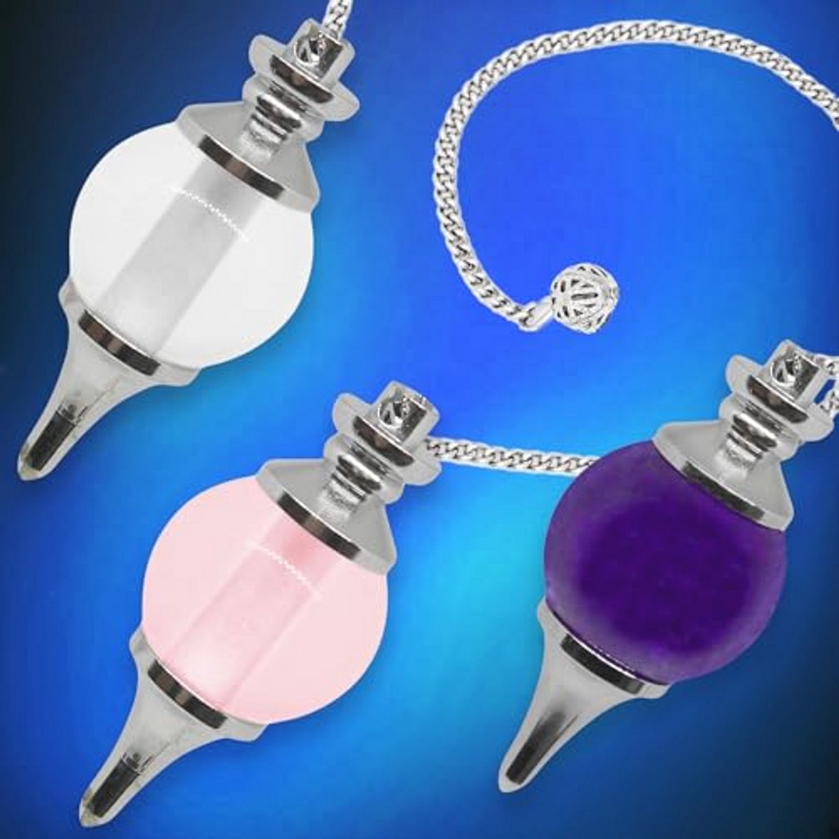Set van 3 Kristallen Pendels voor Waarzeggerij - Rozenkwarts, Amethist en Bergkristal