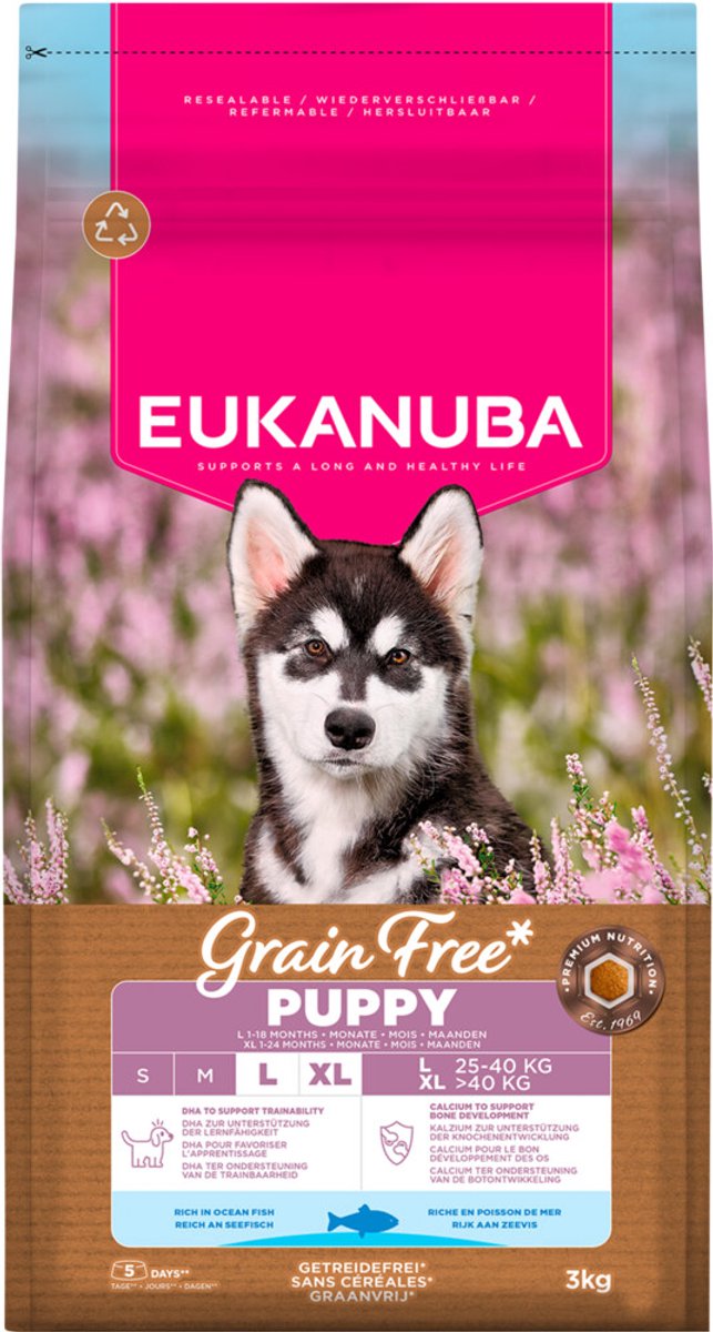 Eukanuba Hondenvoer Droog Grain Free Puppy Large Oceaanvis - 3 x 3 kg - Voordeelverpakking