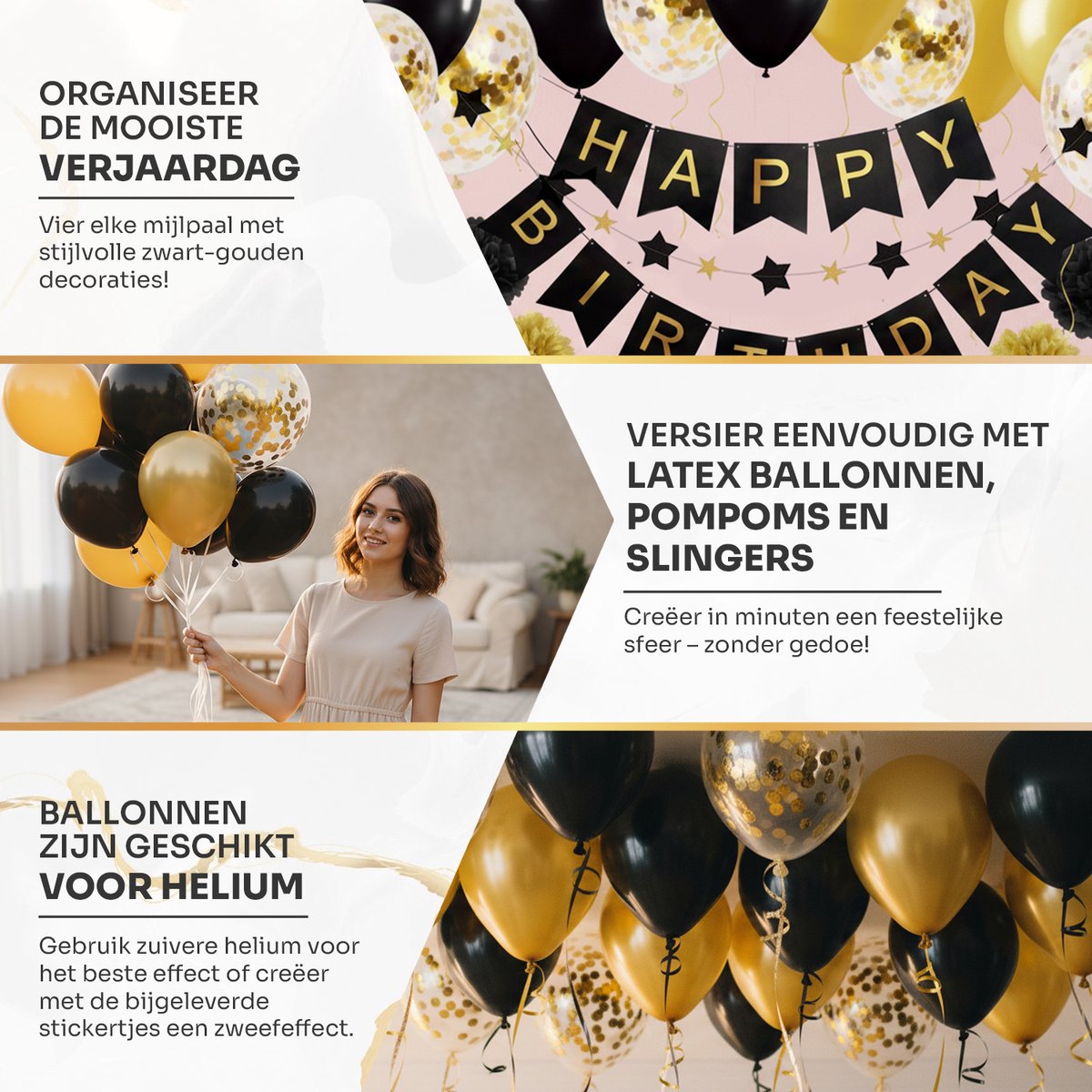 Vitamo™ Zwart & Goud Verjaardag Versiering - Feestversiering - Happy Birthday - Feestpakket - Ballonnen - Slinger - Verjaardagsfeest - Feestartikelen - Feestdecoratie Black & Gold XL — afbeelding 2