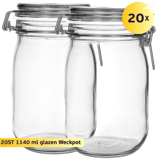 20x Glazen Weckpot 1140 ml - Rond & Transparant - Inmaakpotten, Mason Jar, Weckpotten met Deksel, Confituurpotten - Hervulbaar - Glas - 20 Potten