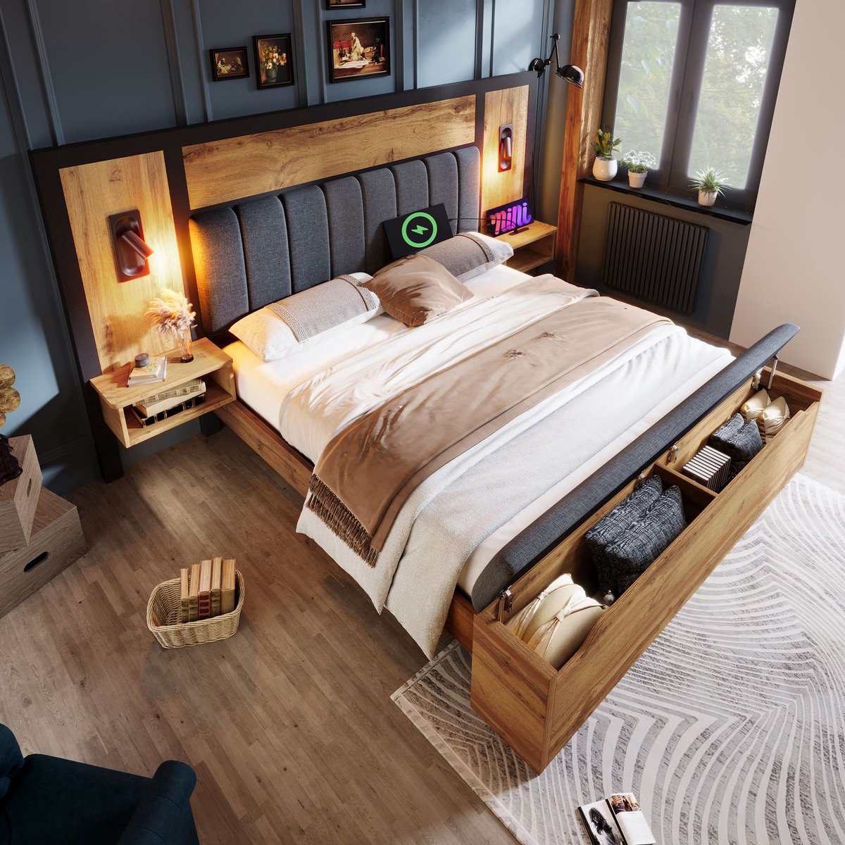 OKWISH Gestoffeerd Bed Tweepersoonsbedden 180x200 cm - Bed Met Opbergruimte, USB C Oplaadfunctie En LED Licht - Inclusief Zitbank En Nachtkastje - Metaal - Eiken